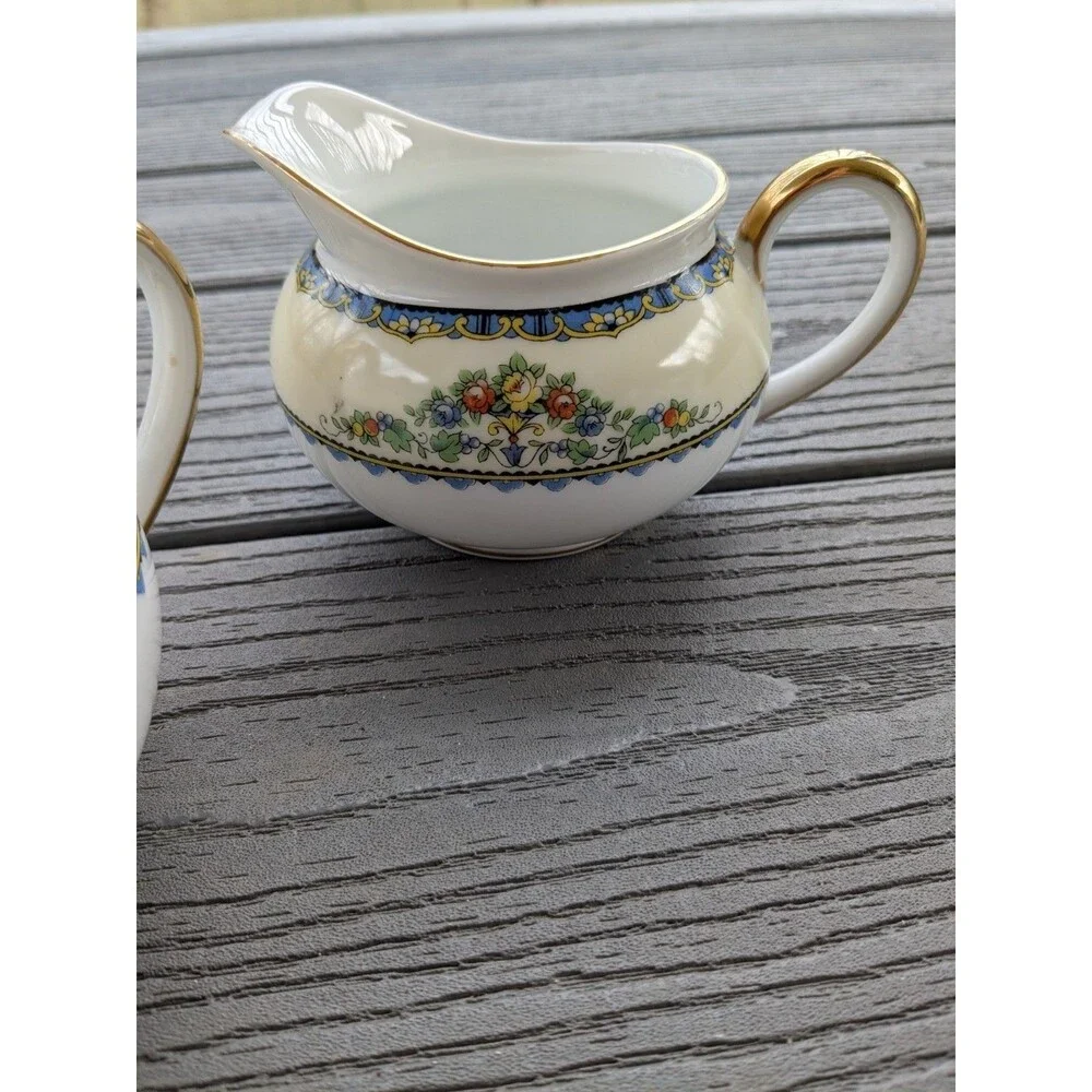 Noritake Avril China Creamer & Sugar w Lid 1918-1931 Floral Gold Blue Antique